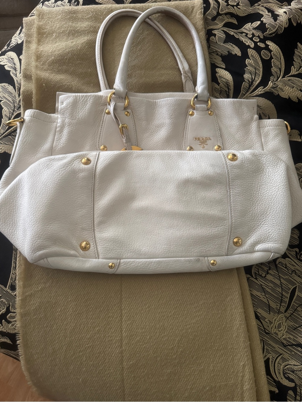 Prada White Leather Tote with Gold-Tone Accents - Picture 2 of 11